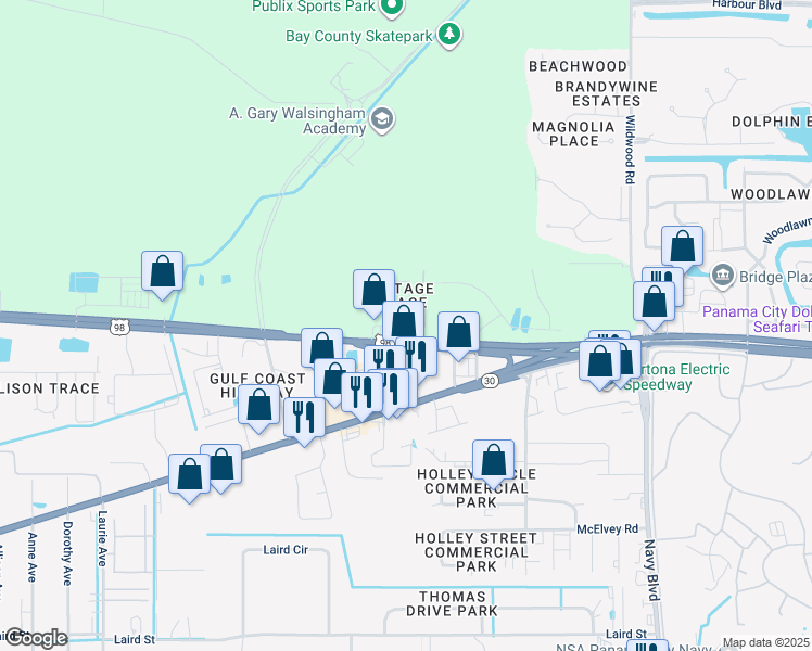 map of restaurants, bars, coffee shops, grocery stores, and more near 7778 Panama City Beach Parkway in Panama City Beach