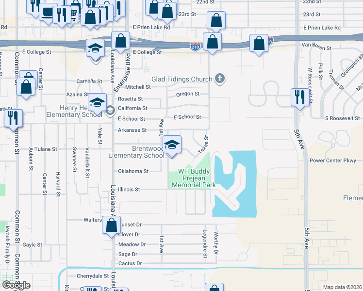 map of restaurants, bars, coffee shops, grocery stores, and more near 1435 Tennessee Street in Lake Charles