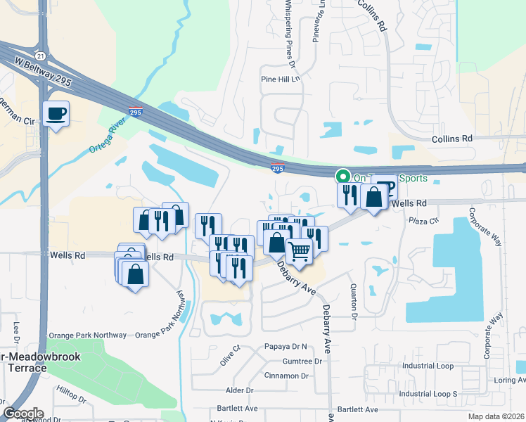 map of restaurants, bars, coffee shops, grocery stores, and more near 2097 Tanager Drive in Orange Park