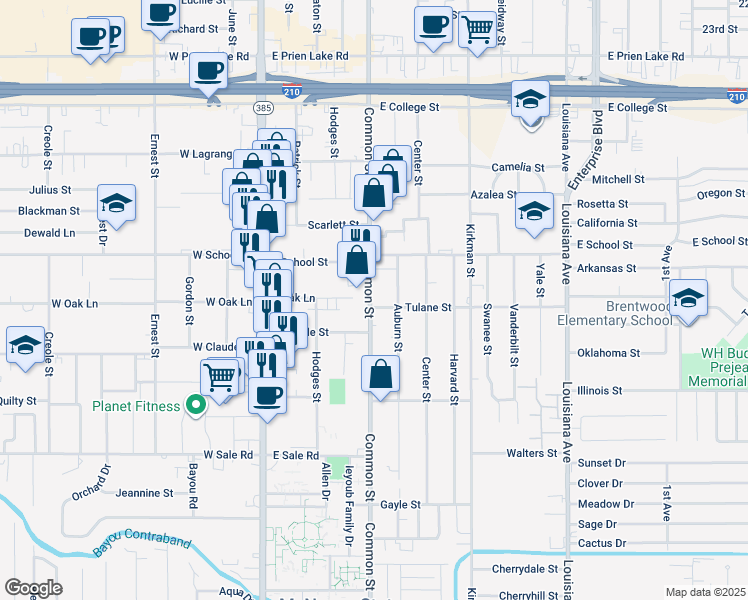 map of restaurants, bars, coffee shops, grocery stores, and more near 3816 Common Street in Lake Charles