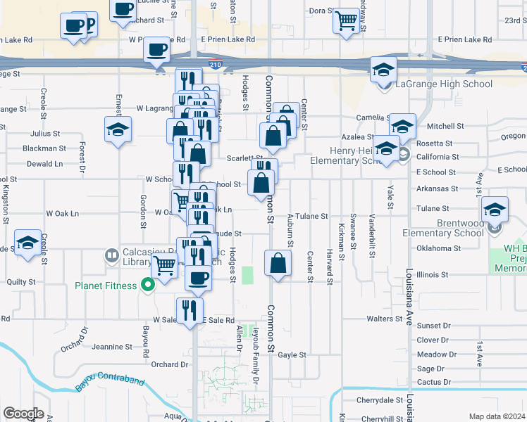 map of restaurants, bars, coffee shops, grocery stores, and more near 3816 Common Street in Lake Charles