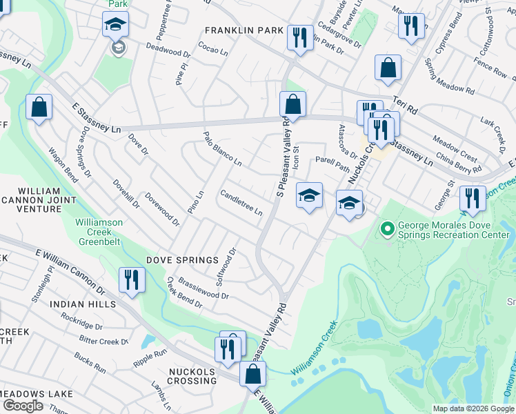 map of restaurants, bars, coffee shops, grocery stores, and more near 4802 Candletree Lane in Austin