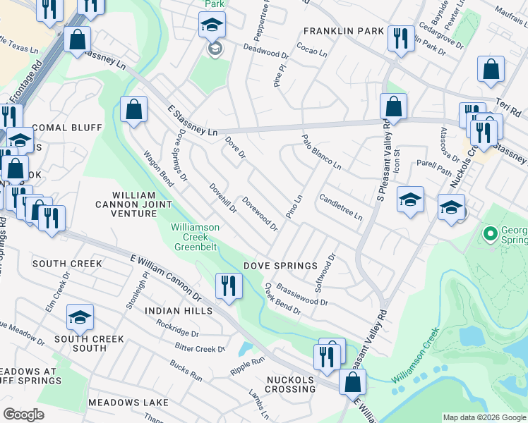 map of restaurants, bars, coffee shops, grocery stores, and more near 4408 Dovewood Drive in Austin