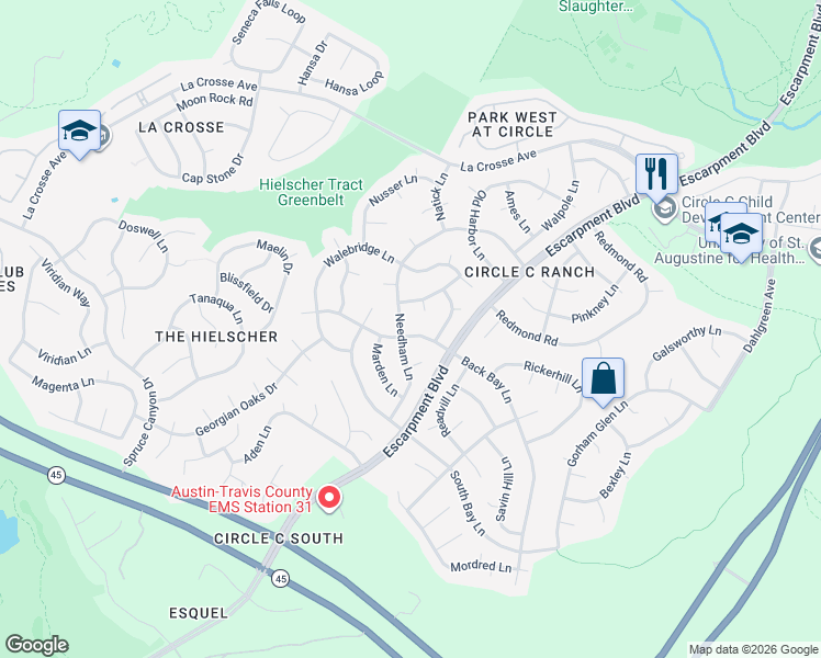 map of restaurants, bars, coffee shops, grocery stores, and more near 6408 Back Bay Lane in Austin