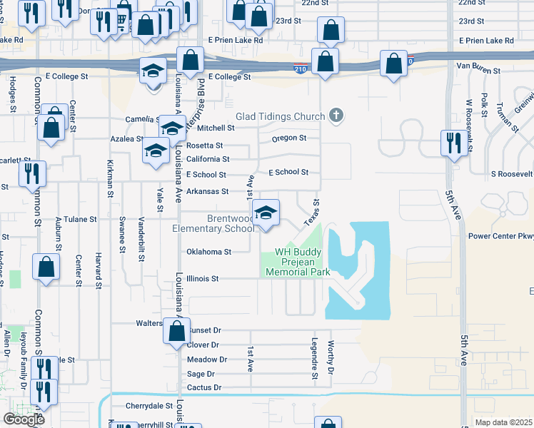 map of restaurants, bars, coffee shops, grocery stores, and more near 1435 Tennessee Street in Lake Charles