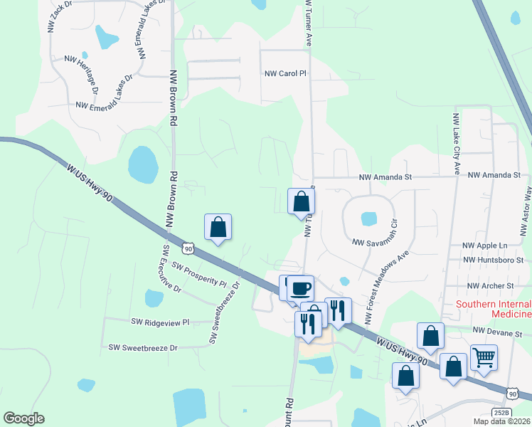map of restaurants, bars, coffee shops, grocery stores, and more near 373 Northwest Wisteria Drive in Lake City