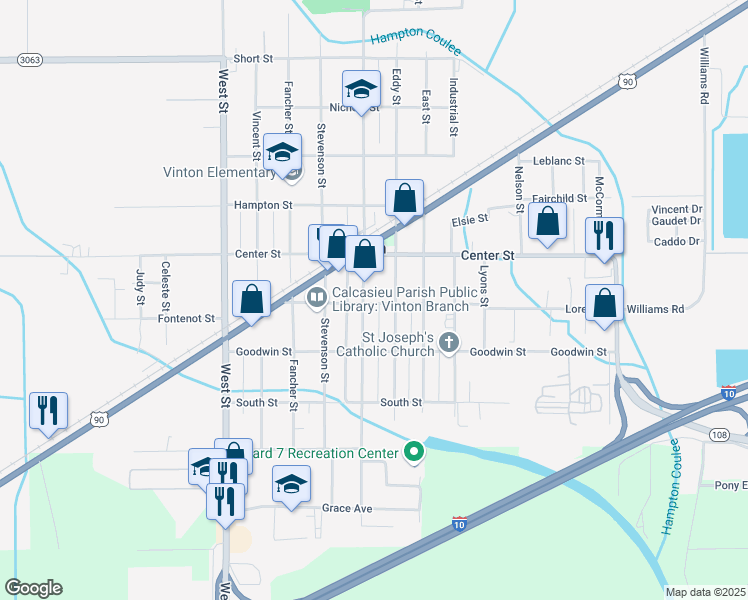 map of restaurants, bars, coffee shops, grocery stores, and more near 1335 Horridge Street in Vinton