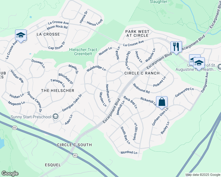 map of restaurants, bars, coffee shops, grocery stores, and more near 6408 Back Bay Lane in Austin