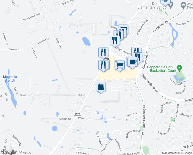 map of restaurants, bars, coffee shops, grocery stores, and more near 30000 Farm to Market Road 2978 in Spring