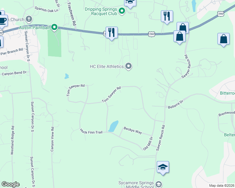 map of restaurants, bars, coffee shops, grocery stores, and more near 138 Hucks Hideaway in Dripping Springs