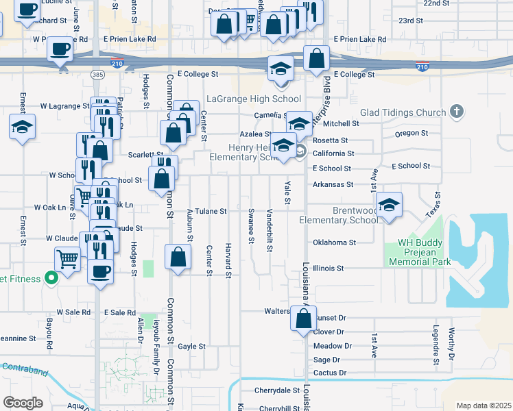map of restaurants, bars, coffee shops, grocery stores, and more near 3725 Swanee Street in Lake Charles