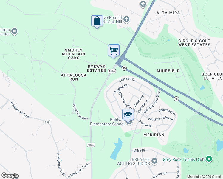 map of restaurants, bars, coffee shops, grocery stores, and more near 11400 Cherisse Drive in Austin