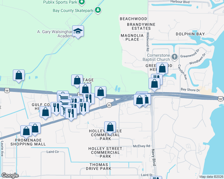 map of restaurants, bars, coffee shops, grocery stores, and more near 7564 Shadow Lake Drive in Panama City Beach