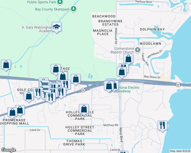 map of restaurants, bars, coffee shops, grocery stores, and more near 7202 U.S. 98 in Panama City Beach