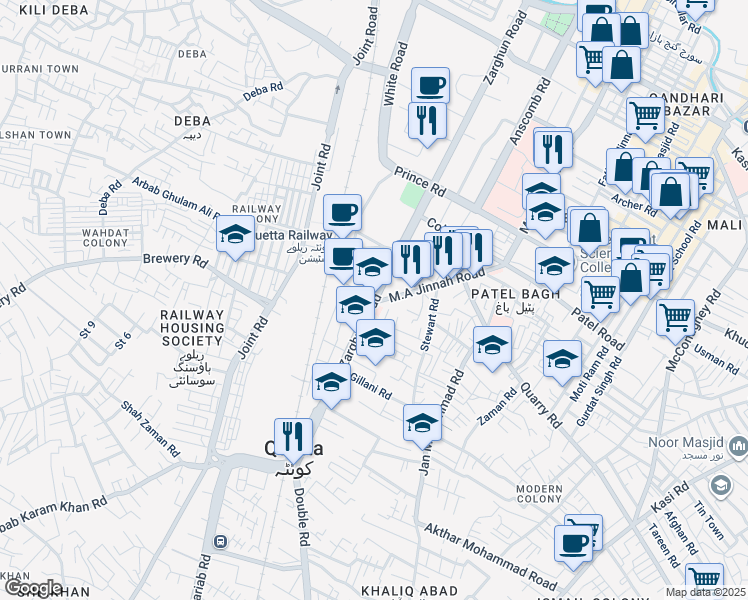 map of restaurants, bars, coffee shops, grocery stores, and more near Zarghun Road in Quetta
