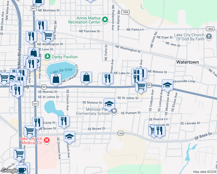 map of restaurants, bars, coffee shops, grocery stores, and more near 1398 E Duval St in Lake City