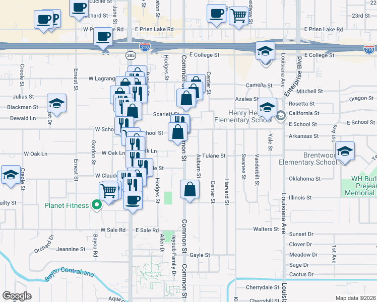 map of restaurants, bars, coffee shops, grocery stores, and more near 3720 Auburn Street in Lake Charles