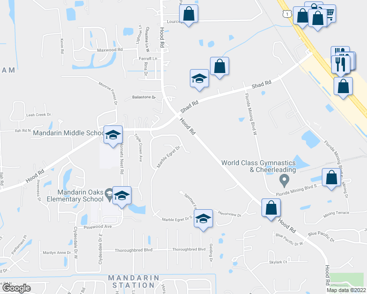 map of restaurants, bars, coffee shops, grocery stores, and more near 9507 Marble Egret Drive in Jacksonville