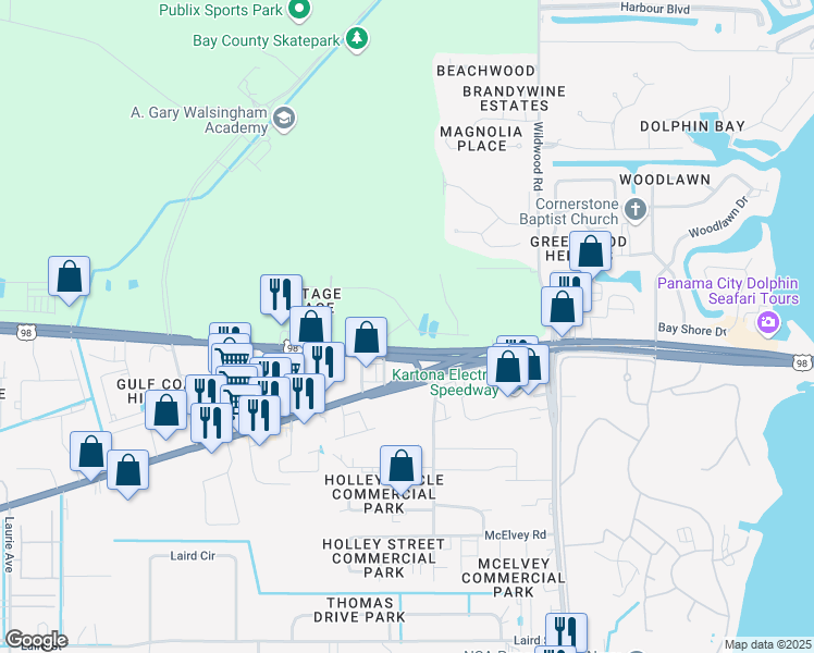 map of restaurants, bars, coffee shops, grocery stores, and more near 7564 Shadow Lake Drive in Panama City Beach