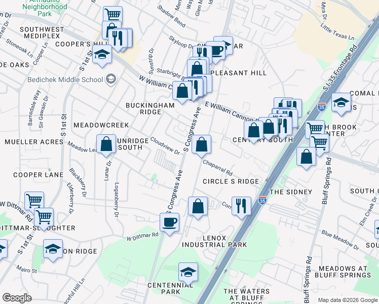 map of restaurants, bars, coffee shops, grocery stores, and more near 101 Cloudview Drive in Austin