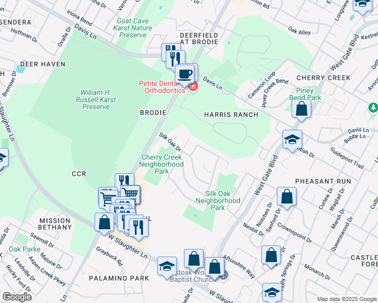 map of restaurants, bars, coffee shops, grocery stores, and more near 9303 Lightwood Loop in Austin