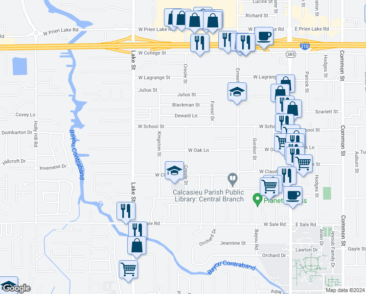 map of restaurants, bars, coffee shops, grocery stores, and more near 602 West Oak Lane in Lake Charles