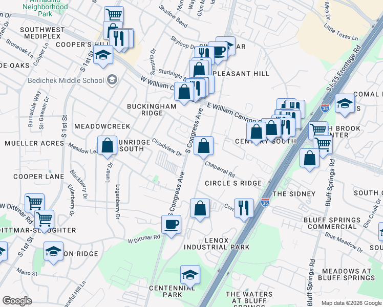 map of restaurants, bars, coffee shops, grocery stores, and more near 101 Cloudview Drive in Austin