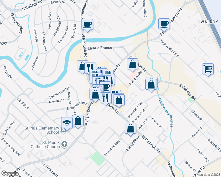 map of restaurants, bars, coffee shops, grocery stores, and more near 145 James Comeaux Road in Lafayette