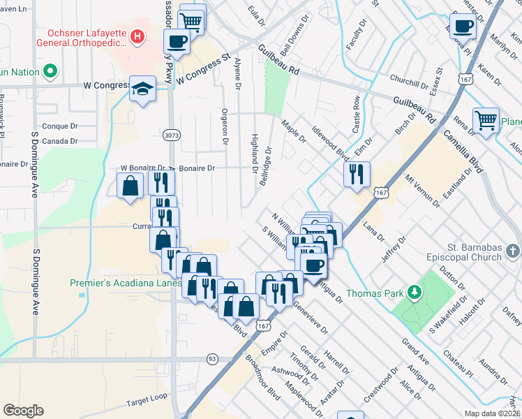map of restaurants, bars, coffee shops, grocery stores, and more near 100 Belle Fontaine Drive in Lafayette