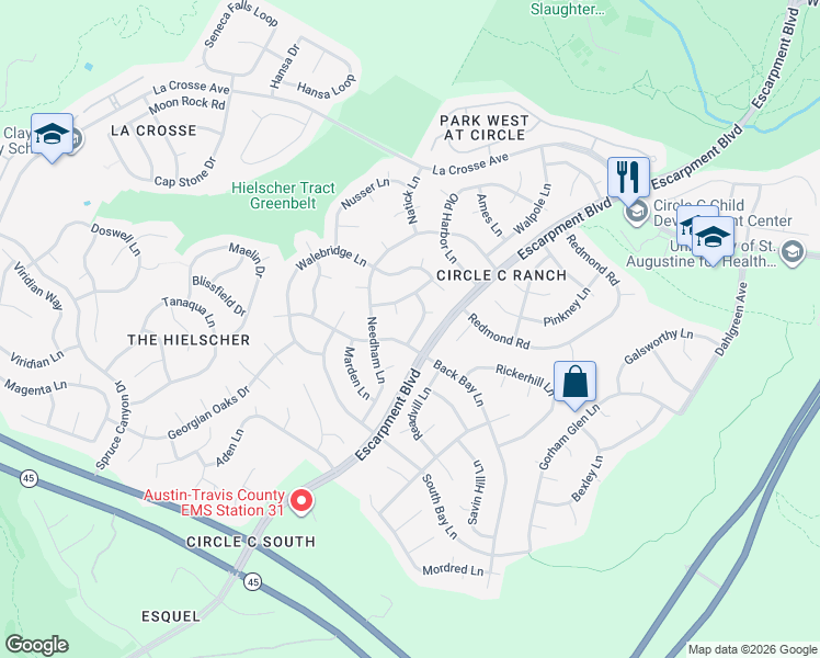 map of restaurants, bars, coffee shops, grocery stores, and more near 10906 Redgate Lane in Austin