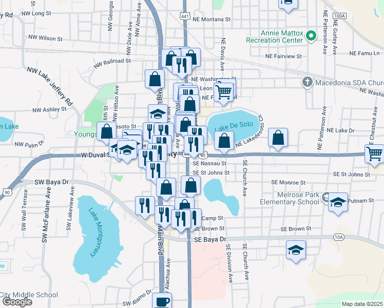map of restaurants, bars, coffee shops, grocery stores, and more near 1 East Duval Street in Lake City