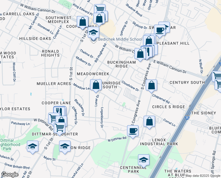 map of restaurants, bars, coffee shops, grocery stores, and more near 305 Kimberly Drive in Austin