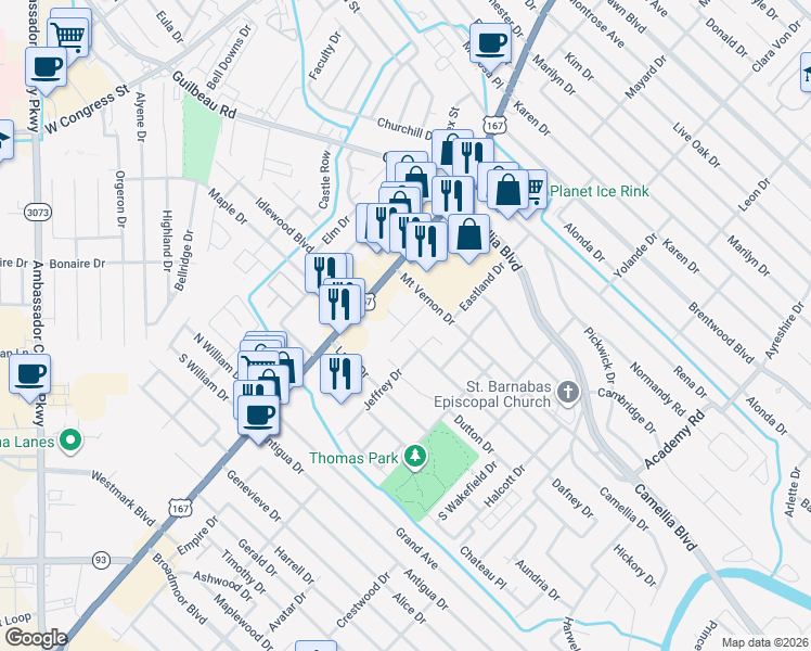 map of restaurants, bars, coffee shops, grocery stores, and more near 299 Dafney Drive in Lafayette