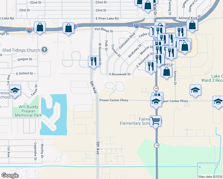 map of restaurants, bars, coffee shops, grocery stores, and more near 2331 Power Center Parkway in Lake Charles