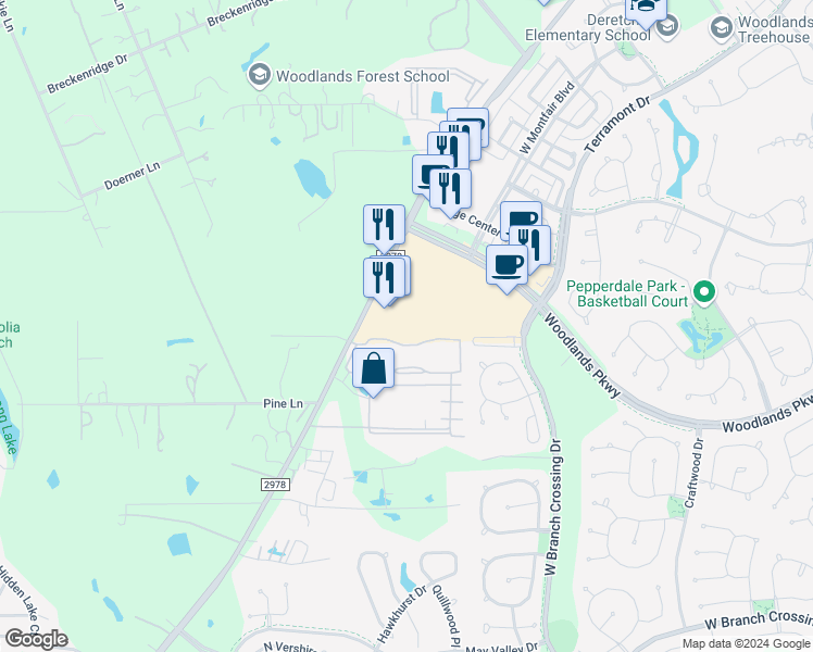 map of restaurants, bars, coffee shops, grocery stores, and more near 30340 Farm to Market Road 2978 in Magnolia