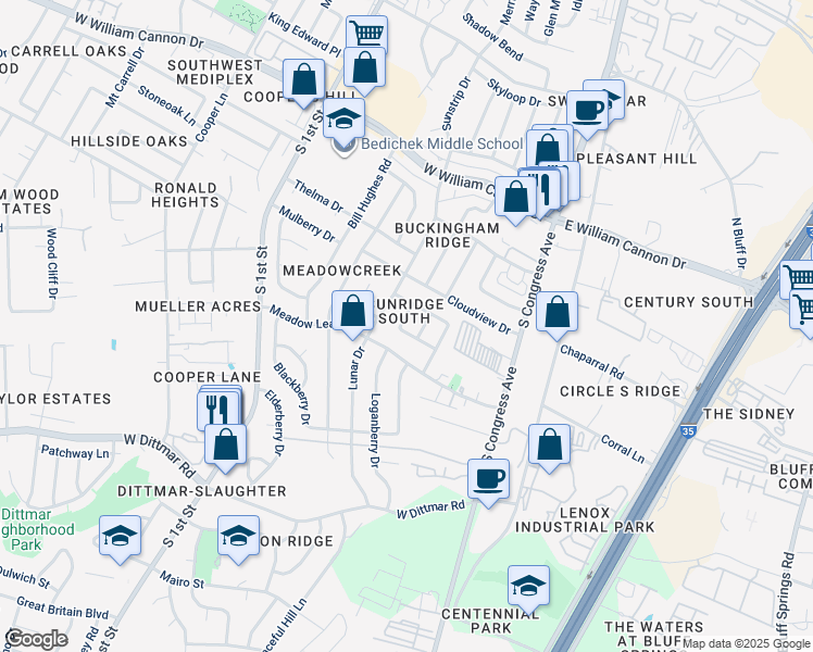 map of restaurants, bars, coffee shops, grocery stores, and more near 305 Kimberly Drive in Austin
