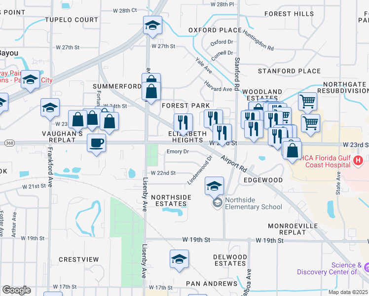 map of restaurants, bars, coffee shops, grocery stores, and more near 1208 Emory Drive in Panama City