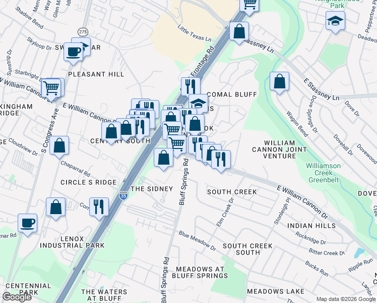 map of restaurants, bars, coffee shops, grocery stores, and more near 6607 South Interstate 35 Frontage Road in Austin