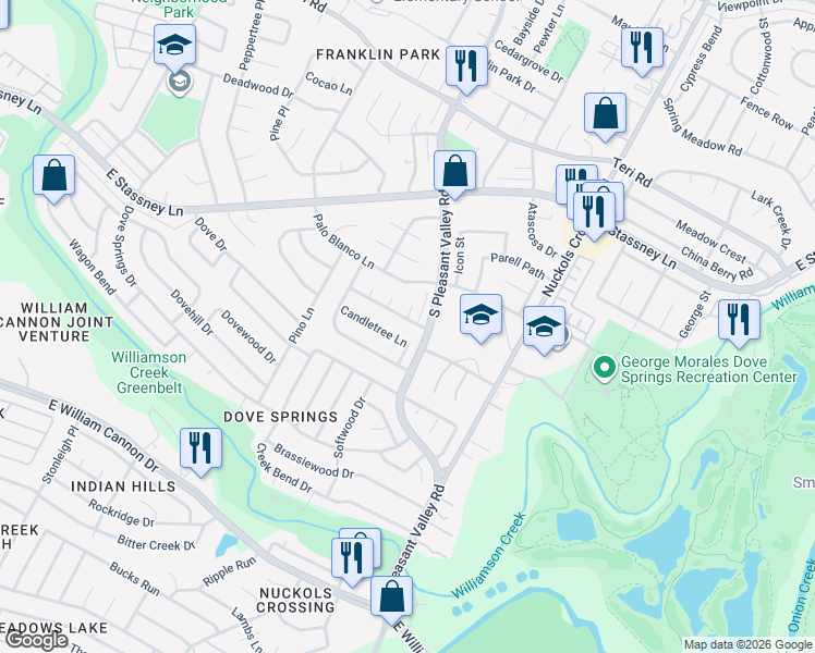 map of restaurants, bars, coffee shops, grocery stores, and more near 4801 Leatherleaf Trail in Austin