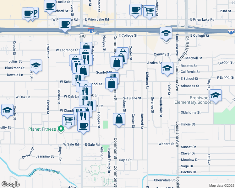map of restaurants, bars, coffee shops, grocery stores, and more near 3720 Auburn Street in Lake Charles