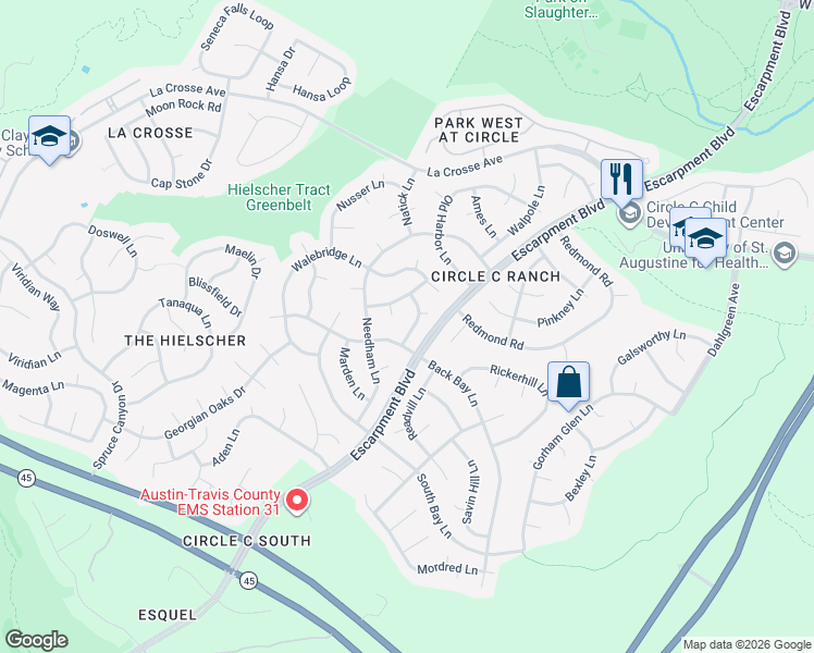 map of restaurants, bars, coffee shops, grocery stores, and more near 10904 Redgate Lane in Austin