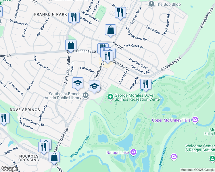 map of restaurants, bars, coffee shops, grocery stores, and more near 5505 Bradford Pear Lane in Austin
