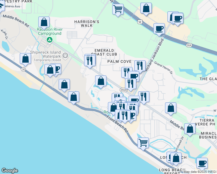 map of restaurants, bars, coffee shops, grocery stores, and more near 520 Richard Jackson Boulevard in Panama City Beach