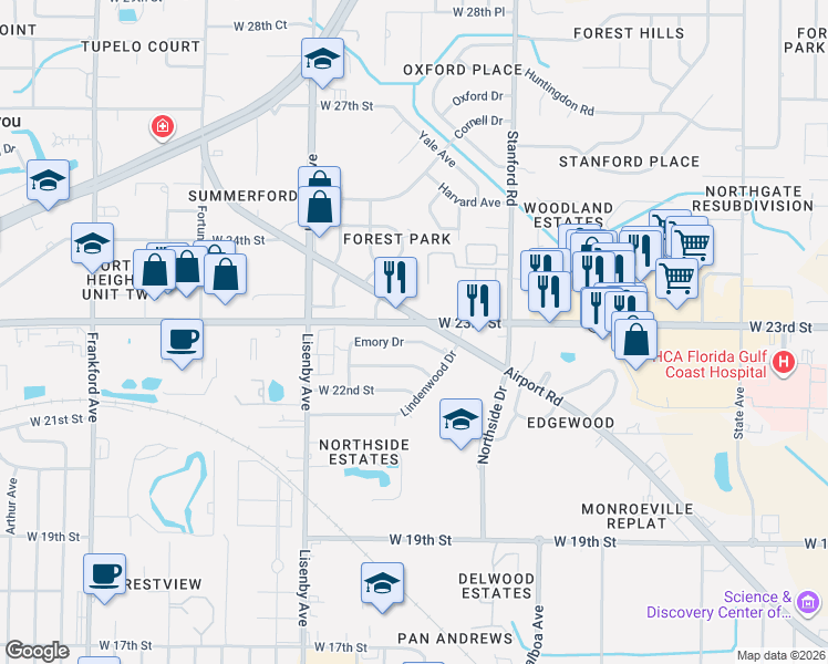 map of restaurants, bars, coffee shops, grocery stores, and more near 1209 Emory Drive in Panama City