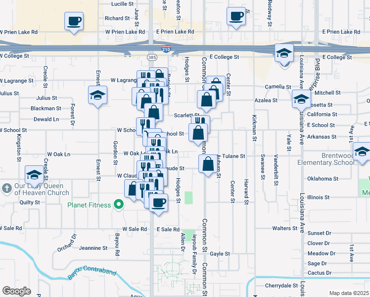 map of restaurants, bars, coffee shops, grocery stores, and more near 502 East Oak Lane in Lake Charles