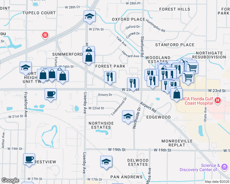 map of restaurants, bars, coffee shops, grocery stores, and more near 1209 Emory Drive in Panama City