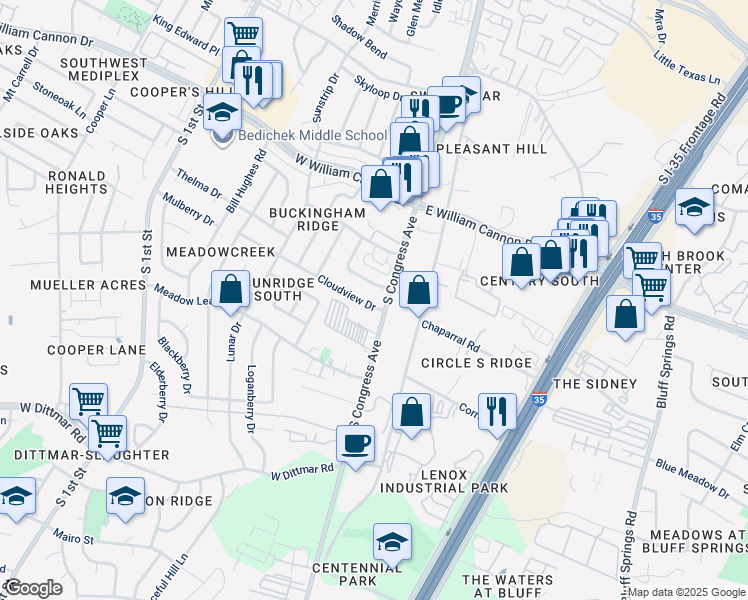 map of restaurants, bars, coffee shops, grocery stores, and more near 101 Cloudview Drive in Austin
