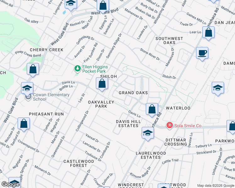 map of restaurants, bars, coffee shops, grocery stores, and more near 8613 Winterstein Drive in Austin