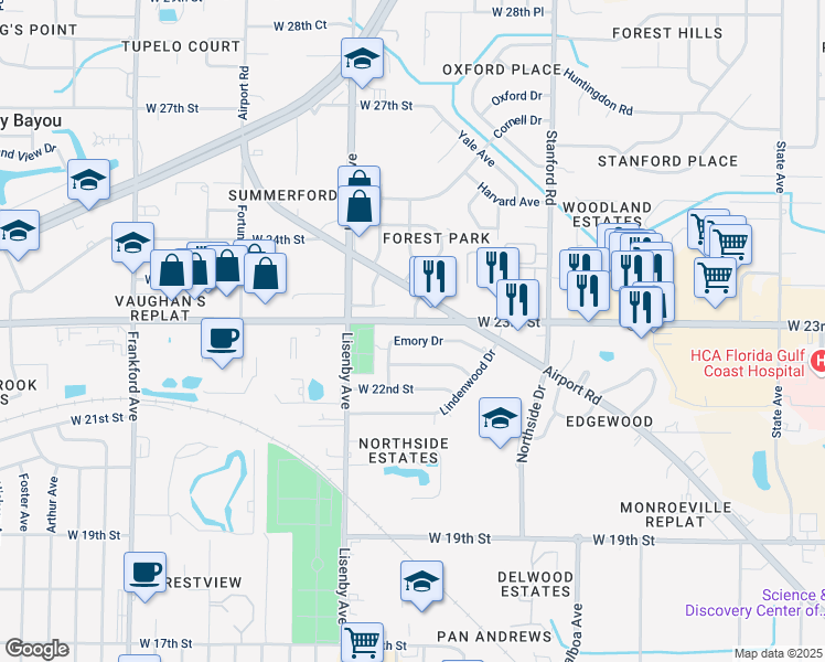 map of restaurants, bars, coffee shops, grocery stores, and more near 1221 Emory Drive in Panama City