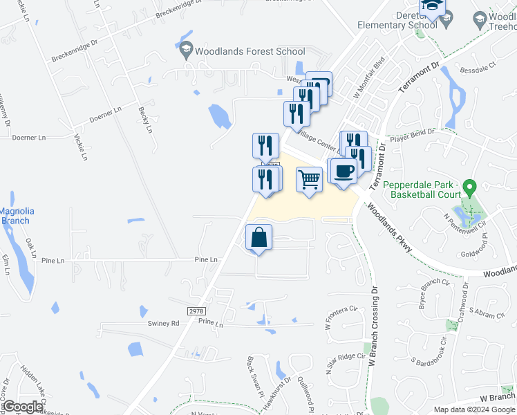 map of restaurants, bars, coffee shops, grocery stores, and more near 30110 Farm to Market Road 2978 in Spring